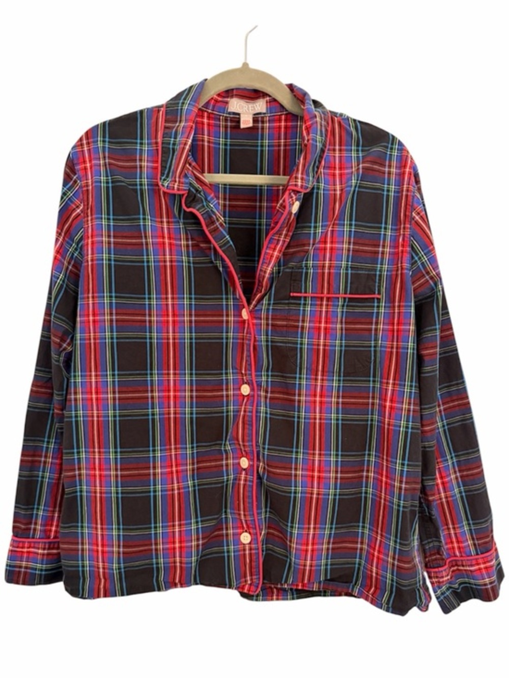 J. CREW M Red Black Plaid Pajama Top Piping Button-Up Cotton Poplin